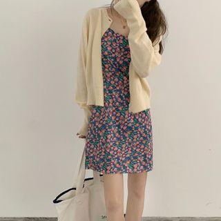 Knit Cardigan / Floral Spaghetti Strap Dress