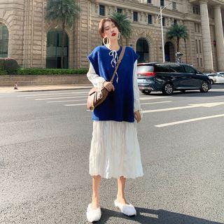 Lace-up Long-sleeve Midi A-line Dress / Crew-neck Knit Vest