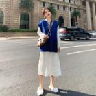 Lace-up Long-sleeve Midi A-line Dress / Crew-neck Knit Vest