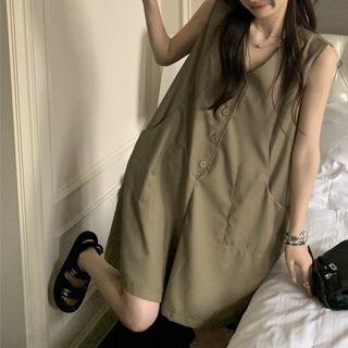 Sleeveless V-neck Wide Leg Romper Dark Khaki - One Size