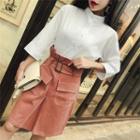 Set : 3/4-sleeve Stand-collar Blouse + Midi Skirt