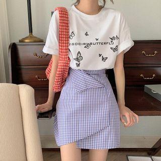 Butterfly Print Elbow-sleeve T-shirt / Asymmetric Plaid Mini A-line Skirt