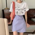 Butterfly Print Elbow-sleeve T-shirt / Asymmetric Plaid Mini A-line Skirt