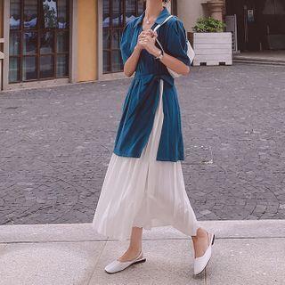 Mock Two Piece Short-sleeve Midi Shirt Dress