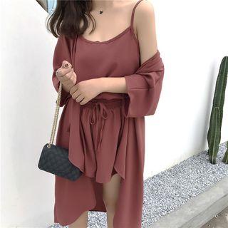 Set: Plain Spaghetti Strap Top + Shorts + Light Jacket