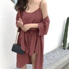 Set: Plain Spaghetti Strap Top + Shorts + Light Jacket