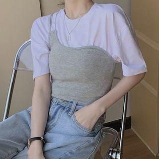Elbow-sleeve Mock Two-piece T-shirt White & Gray - One Size