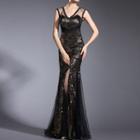 Sleeveless Sequined Mesh Panel Evening Gown