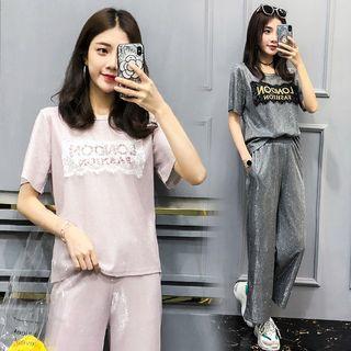 Set: Lace Panel Short-sleeve T-shirt + Cropped Wide-leg Pants