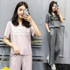 Set: Lace Panel Short-sleeve T-shirt + Cropped Wide-leg Pants
