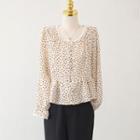 Square-neck Heart Printed Lace Button-up Blouse