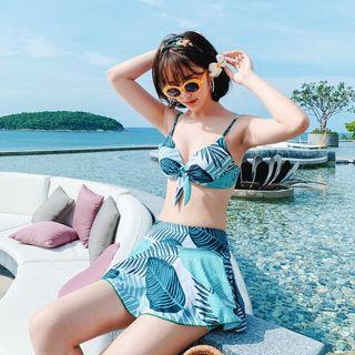 Set Of 3: Leaf Print Bikini Top + Swim Skirt + Cover-up