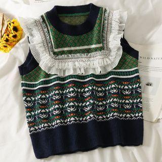 Lace-trim Printed Knit Vest Dark Blue - One Size