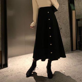 Buttoned Midi A-line Skirt Black - One Size