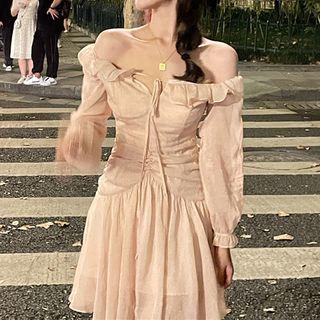 Off-shoulder Ruffled Midi A-line Dress / Cardigan