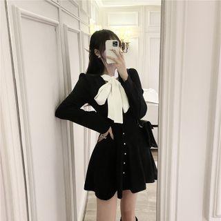 Long-sleeve Ribbon Tie-neck Mini A-line Dress