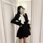 Long-sleeve Ribbon Tie-neck Mini A-line Dress