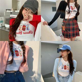 Short-sleeve Printed T-shirt / Plain Cardigan