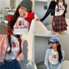 Short-sleeve Printed T-shirt / Plain Cardigan