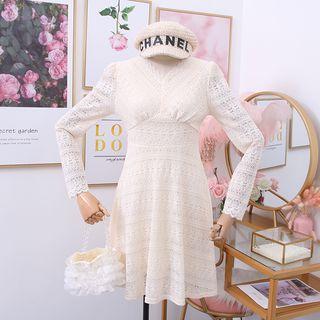 V-neck High Waist Lace Long-sleeved Dress