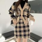 Knit Set: Checked Cardigan + A-line Skirt Beige - One Size