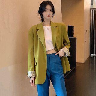 Short-sleeve Plain Cropped T-shirt / High-waist Plain Wide-leg Pants / Long-sleeve Lace Panel Blazer