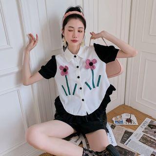 Short-sleeve Flower Two-tone Shirt