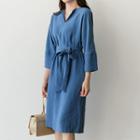 3/4-sleeve Open-placket A-line Dress With Sash