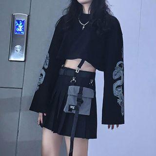 Long-sleeve Printed T-shirt / Belted Mini A-line Pleated Skirt