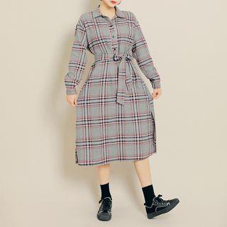Slit-side Checked Shirtdress With Sash