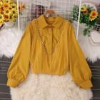 Bishop-sleeve Embellished Mesh Panel Shirt