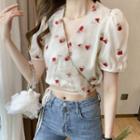 Short-sleeve Rose Embroidered Cropped Blouse