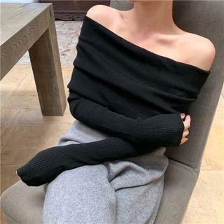 Off Shoulder Plain Ribbed Knit Top