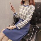 Set: Long-sleeve Striped Knit Top + A-line Skirt