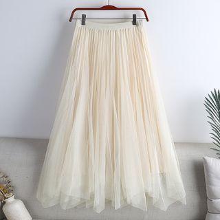 High-waist Mesh Pleated Midi Skirt