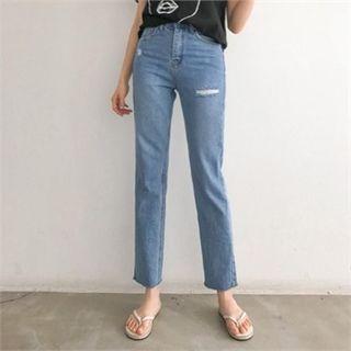 Fray-hem Slit Washed Straight-cut Jeans
