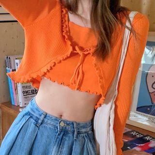 Long-sleeve Mock Two-piece Knit Crop Top