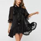 Set: Slipdress + Faux Pearl Elbow-sleeve Ruffle Hem Mini Dress