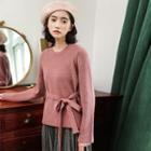 Round Neck Tie-waist Plain Sweater