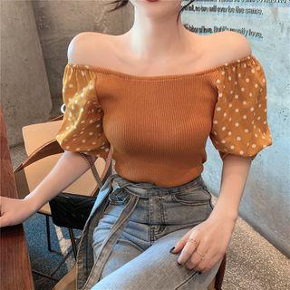 Off-shoulder Puff-sleeve Polka Dot Knit Top