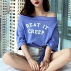 Lettering Off-shoulder 3/4-sleeve T-shirt