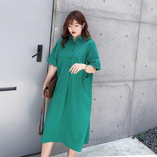 Elbow-sleeve Buttoned Placket Midi Dress