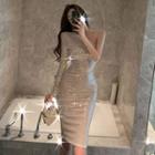 Long-sleeve One-shoulder Sequined Bodycon Dress