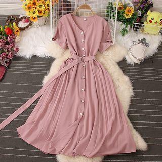 Short-sleeve V-neck Midi Pleated Dress