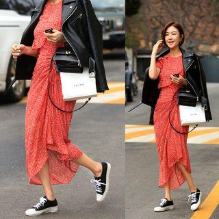 Drawstring Frill-trim Maxi Floral Dress