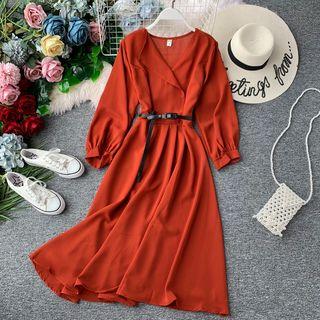 Plain V-neck Puff-sleeve Midi A-line Dress