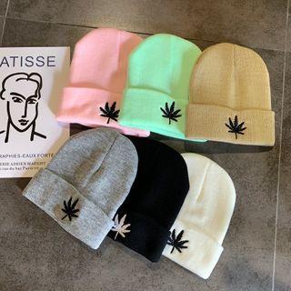 Leaf Embroidered Knit Beanie