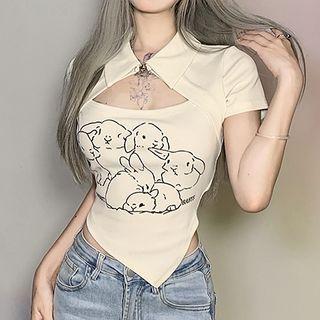 Short-sleeve Rabbit Print Cut-out Top