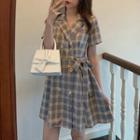 Gingham Short-sleeve Collared Dress Gingham -blue - One Size