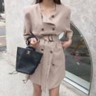 Long-sleeve Double Breasted Linen Dress Khaki - One Size